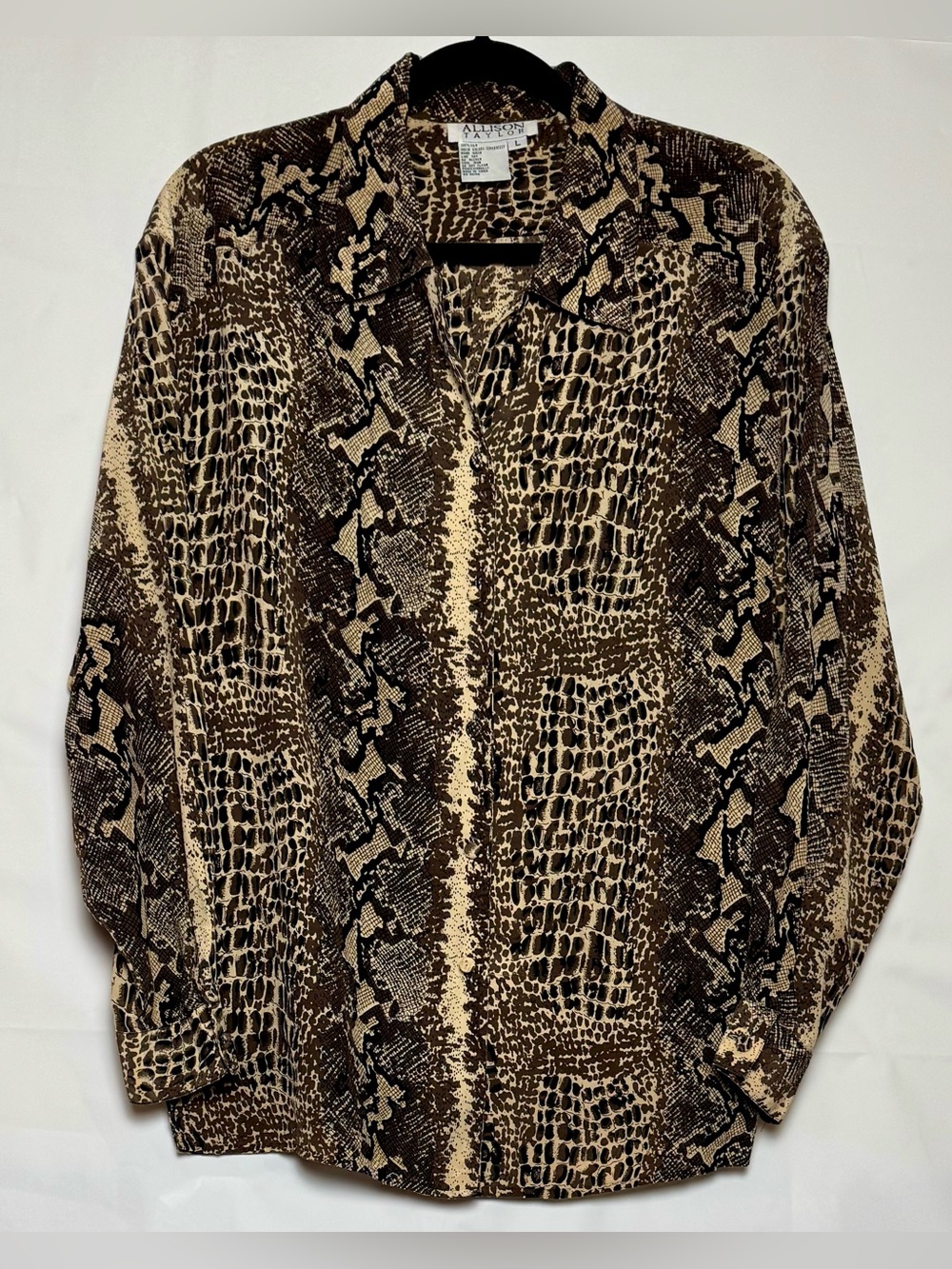 VTG Allison Taylor Brown & Cream Snake-Print Silk Blouse, Sz L. Like New